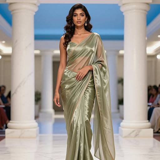 Photograph of a confident woman with long, wavy dark hair, wearing a silky, pale green one-shoulder sari, walking down a