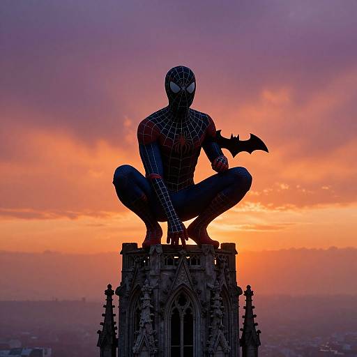 Silhouetted Spider-Man crouches on a gothic spire, holding a bat, against a vibrant orange and purple sunset sky. Digital