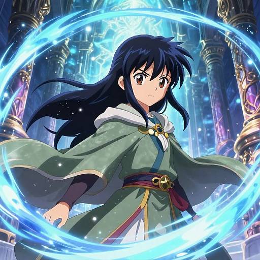 Anime-style digital illustration of a determined young girl with long black hair, wearing a green robe with white hood, surrounded by a glowing blue magical circle in