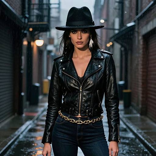 Photograph of a confident woman in a black leather jacket, deep V-neck, black pants, gold chain belt, and wide-brimmed hat,