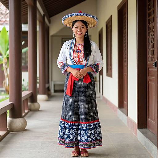 Photograph of a smiling Asian woman in traditional Mexican attire, wearing a colorful embroidered blouse, black and white patterned skirt, red sash, and