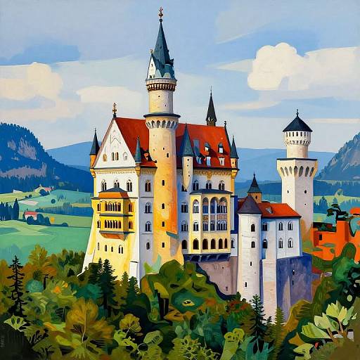 Digital painting of a medieval European castle with red roofs and tall towers, surrounded by lush green trees and rolling hills. Bright blue sky with fluffy clouds in