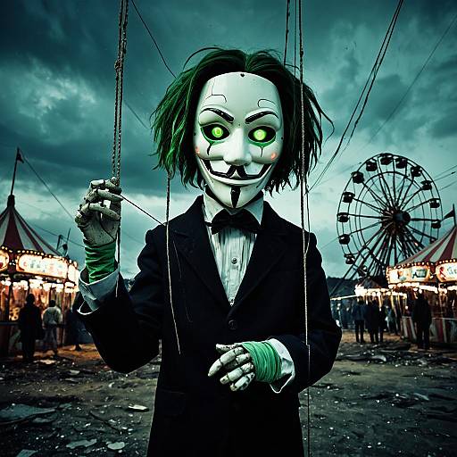Eerie Puppeteer with Green Eyes at Abandoned Carnival