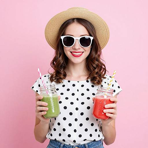 Smiling Woman with Colorful Beverages