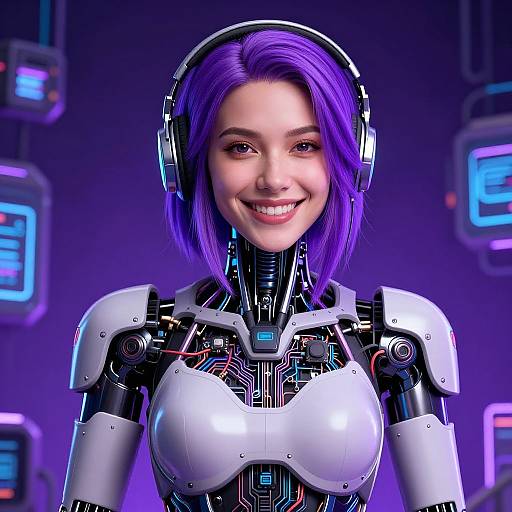 CGI image of a smiling, purple-haired woman with cybernetic enhancements, including white armor plates and headgear, against a purple-lit background