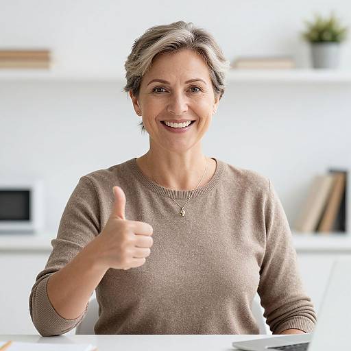 Photograph of a smiling middle-aged woman with short gray hair, wearing a brown sweater, giving a thumbs-up, in a bright, modern office.