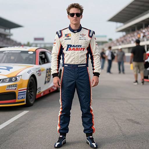 Photograph of a male race car driver in white and blue racing suit, black pants, sunglasses, standing in front of a yellow and white racing car
