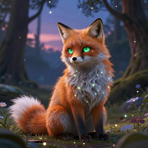 Digital artwork of a glowing, vibrant orange fox with green eyes and bioluminescent fur, sitting in a magical, twilight forest.