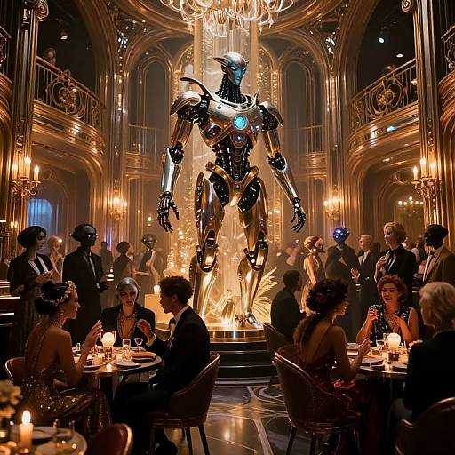 Photograph of an opulent ballroom with a glowing, robotic humanoid at the center, surrounded by elegantly dressed attendees dining at tables adorned with candles