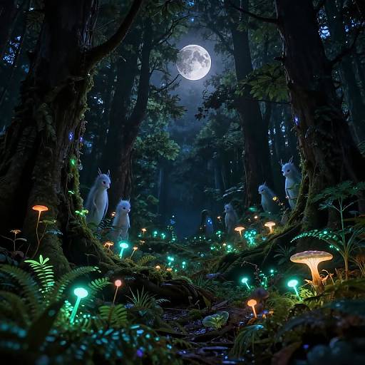 Magical moonlit forest with glowing mushrooms, bioluminescent plants, and white, rabbit-like creatures standing on mossy trees under a bright full