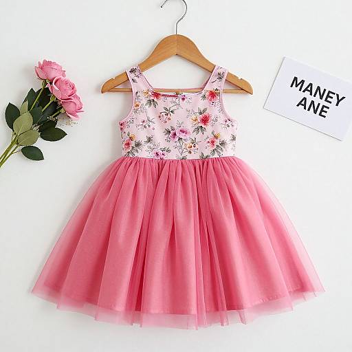 Photograph of a pink floral sleeveless dress with a tulle skirt, hanging on a wooden hanger, with pink roses and 