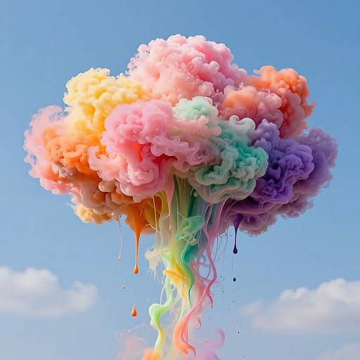 Photograph of a vibrant, multi-colored cloud of ink floating against a clear blue sky, with rainbow drips and wisps below.