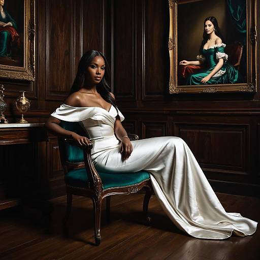 Elegant Woman in White Satin Gown in Opulent Interior