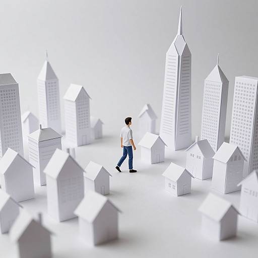 Photograph of a lone man in white shirt and blue jeans walking through a surreal, white, futuristic cityscape of glowing skyscrapers and houses.