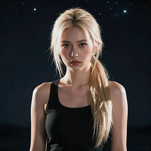 Photograph of a young blonde woman with fair skin and blue eyes, wearing a black tank top, against a dark starry background. Her long hair