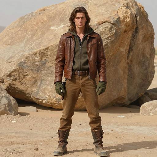 Young Man in Leather Jacket Standing in Desert