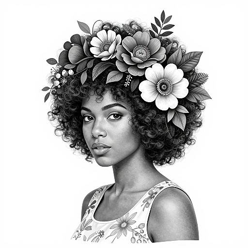 Black-and-white digital portrait of a beautiful African woman with curly hair, wearing a floral crown and sleeveless floral dress, gazing softly at the camera