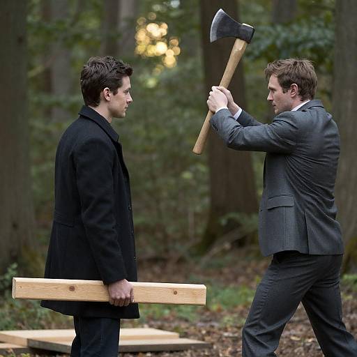 Axe Raised in Forest Clearing