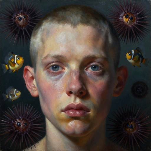 Digital portrait of a pale, bald, androgynous person with blue eyes, surrounded by six colorful clownfish and five spiky black sea 