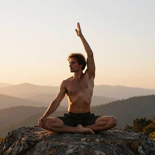 Photograph of a shirtless, muscular man with light brown hair, sitting cross-legged on a rocky outcrop, raising his right arm in a yoga