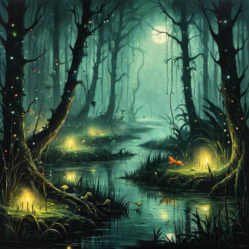 Mystical Foggy Swamp with Glowing Fairy Lights