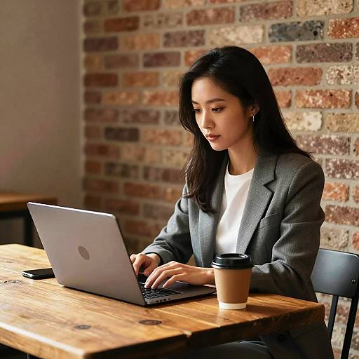 Young Woman Working on Laptop in Cozy Cafe