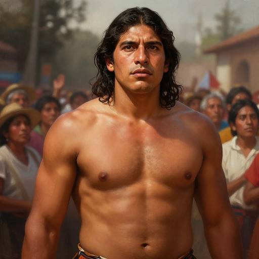 Photograph of a muscular, shirtless young man with long black hair, tan skin, and defined abs, standing in front of a blurred crowd in