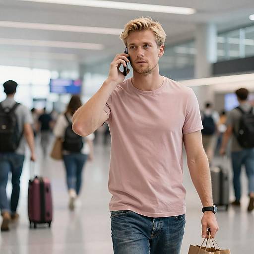 Blonde Man on Phone at Airport