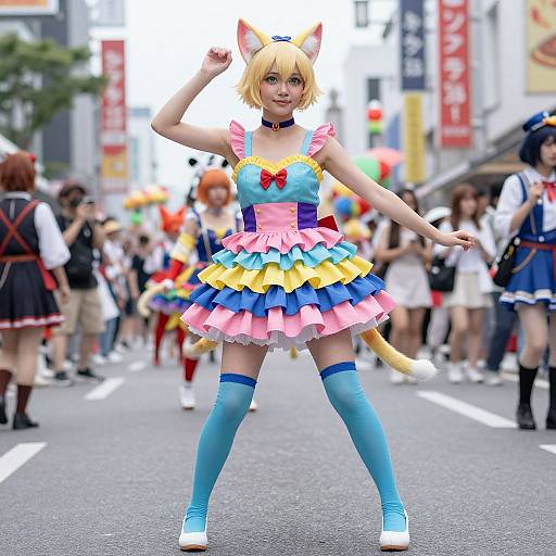 Vibrant Yokai Neko Dancing at Parade