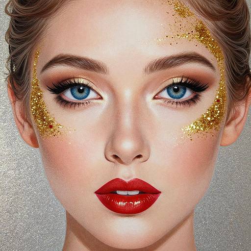 Digital portrait of a fair-skinned woman with blue eyes, red lipstick, and glittery gold face markings, against a silver background.