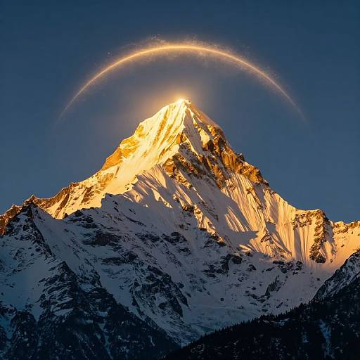 Photograph of a snow-capped mountain peak illuminated by sunlight, with a glowing, curved halo in a clear blue sky.