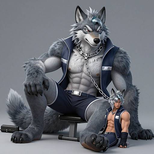 CGI image of a muscular anthropomorphic wolf with gray fur, wearing a sleeveless vest and shorts, chained, sitting on a bench, with a