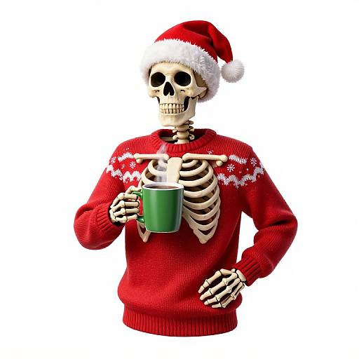 Photograph of a skeletal figure wearing a red Christmas sweater with white snowflakes, Santa hat, and holding a green mug.