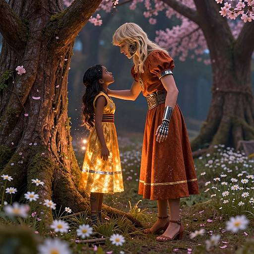 Photograph of a blonde woman in a red dress and silver gloves, gently touching a dark-haired girl in a yellow dress, illuminated by candles, under