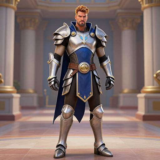CGI image of a muscular, bearded man in shiny silver armor with blue and gold accents, standing confidently in a grand, columned hall.