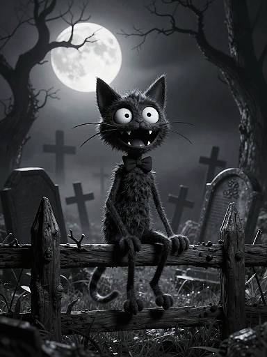 Digital drawing of a spooky, wide-eyed black cat with a bow tie, sitting on a wooden fence in a moonlit graveyard with eerie, leafless