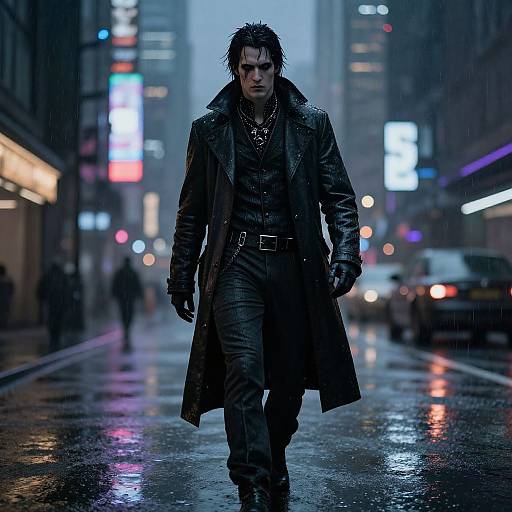 Photograph-style digital art of a brooding, dark-haired man in a long black leather coat, standing confidently in a neon-lit, rainy city