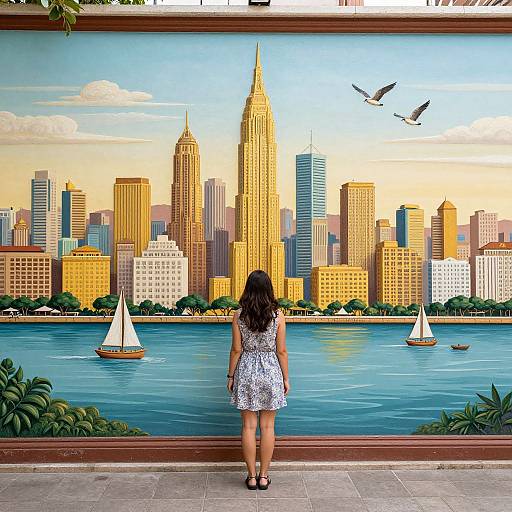 Photograph of a woman in a white floral dress, standing on a sidewalk, facing a painted mural of a city skyline with boats on a blue river