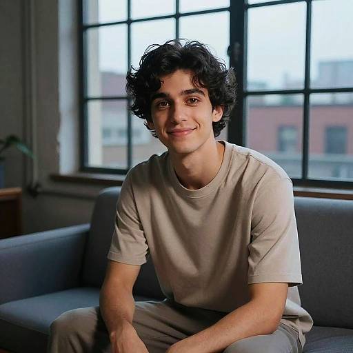 Photograph of a young man with curly black hair, light skin, and a gentle smile, wearing a beige t-shirt and pants, sitting on a