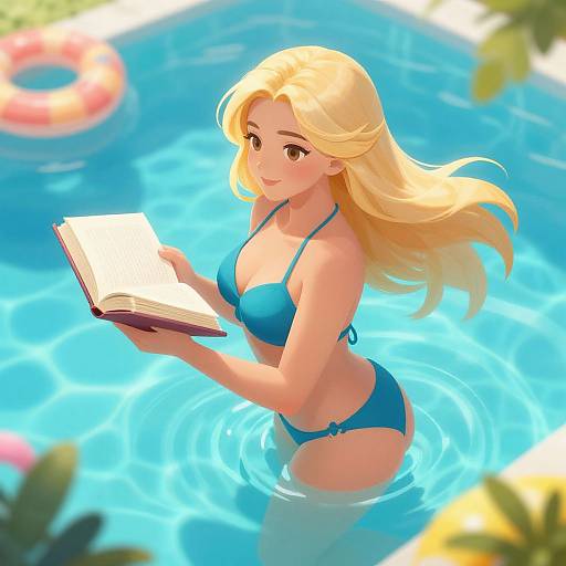 Digital anime-style illustration of a blonde woman with long hair in a blue bikini, reading a book while standing in a bright blue pool, with a pink