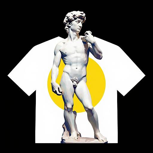 Digital art of a nude, muscular, classical-style male statue with short hair, standing against a black background with a white, yellow-rimmed shirt