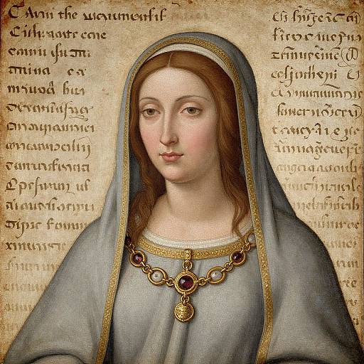 Portrait of Mary, mother of Jesus, in Renaissance style, wearing a blue veil and gold necklace with purple gems, against a textured, parchment-like background