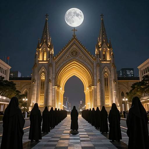 Majestic Moonlit Architecture with Cloaked Figures