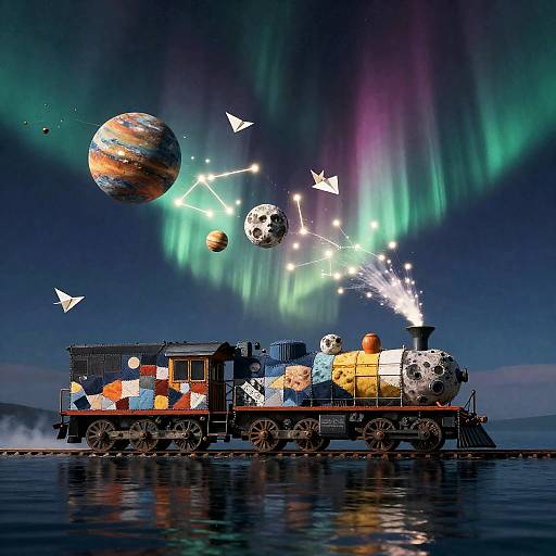 Patchwork Planet Locomotive Under Aurora Sky