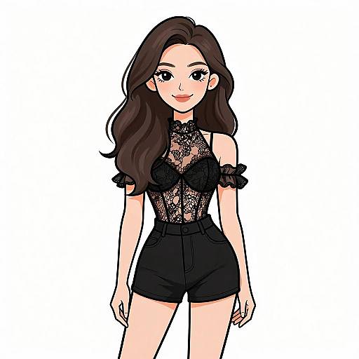 Digital drawing of a smiling woman with long brown hair, wearing a black lace top and high-waisted black shorts, standing against a white background.
