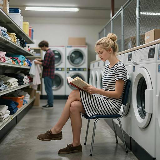 Woman Reading in Laundromat