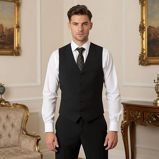 Photograph of a handsome, young Caucasian man with short brown hair, wearing a white shirt, black vest, and tie, standing in an elegant,