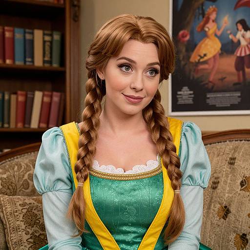 Photograph of a fair-skinned woman with brown braided hair, wearing a Disney-inspired Rapunzel costume, smiling in a cozy library with book