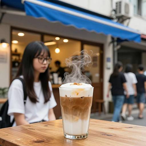 Photograph of a young Asian woman with glasses, black hair, and white shirt, standing behind a steaming glass of iced coffee on a wooden