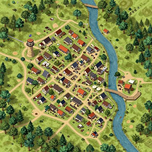 Aerial view of a colorful, forested village with varied houses, a lighthouse, winding river, and paths, rendered in vibrant digital art style